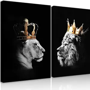 2pcs/set Unframed Modern The Lion with A Crown Home Decoration Painting Lioness Queen, Lion King Canvas Poster Print Lion Family Mural Wall Art