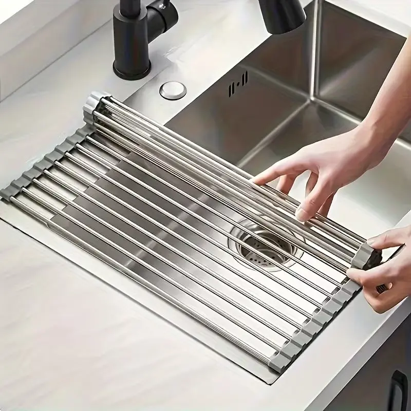 Stainless Steel Foldable Sink Rack, Over Sink Rack, Space-Saving Water Filter and Bowl Drainer with Curtain, Ideal for Fruit and Vegetable Washing