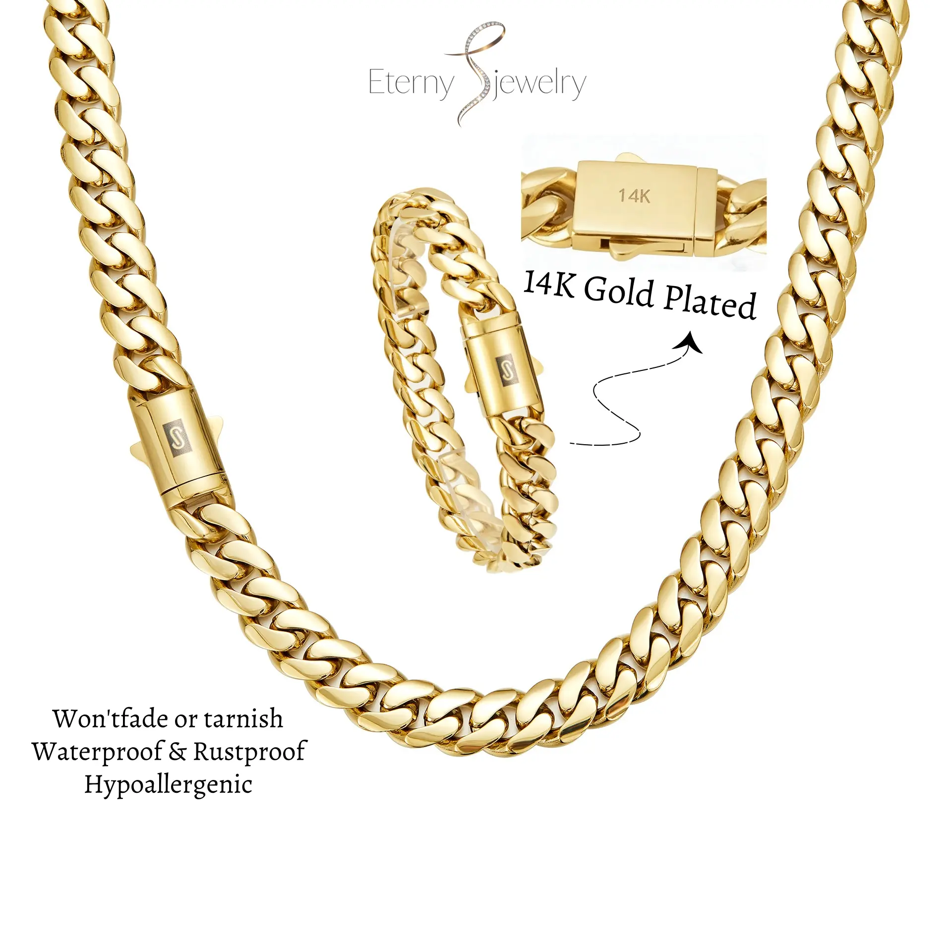 Set 2PCS 14K Gold Vacuum Plated  with Copper Diamond Black Clasp Miami Cuban Link Chain 6–14mm Necklace & Bracelet Waterproof Rustproof Hypoallergenic Italy/Mexico Micro Inspired Unisex Luxury Jewelry Wear Mother's Day and Father's Day Gifts