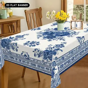 1 piece of blue and white retro floral tablecloth, elegant peony and floral decoration pattern with border design, rectangular polyester fiber fabric, very suitable for coffee tables, kitchens, restaurants, room decoration terraces and picnics