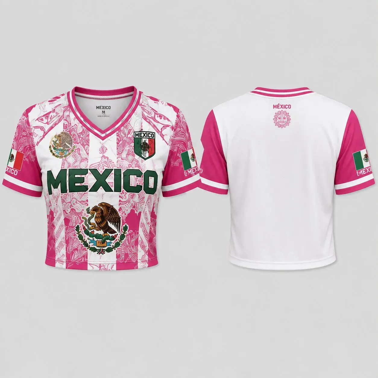 Women's Pink Unisex Mexico Cropped Soccer Jersey - V-Neck Short Sleeves, Fitted Cut Compression Wear, Mexican Flag Aztec Pattern Eagle Emblem, Game Days Fiesta Cinco de Mayo Pride Streetwear Gift, Sporty Chic, Jersey Fabric