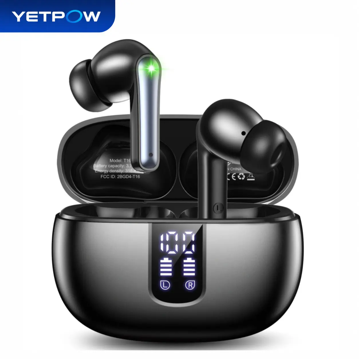 YETPOW T16 In-Ear Wireless Bluetooth 5.4 Earbuds with Silicone Tips, 48H Playback, LED Display Charging Case, Built-in Mic, IPX7 Water Resistance, Noise Cancellation, Voice Control for iPhone/Android Sports