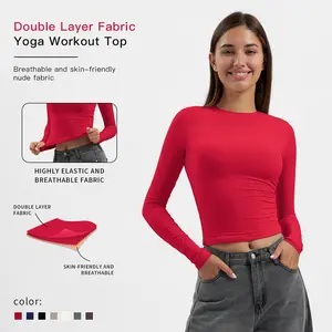 MFVIM Women's Long Sleeve Shirt Soft Round Neck Autumn Basic Fitted Top Slim Fit Casual Outgoing T-Shirt Summer Womenswear Nylon Crewneck Spandex Tshirt Streetwear Milky White Double Layer Fabric Yoga Workout Top Piece Minimalist compression shirts Short