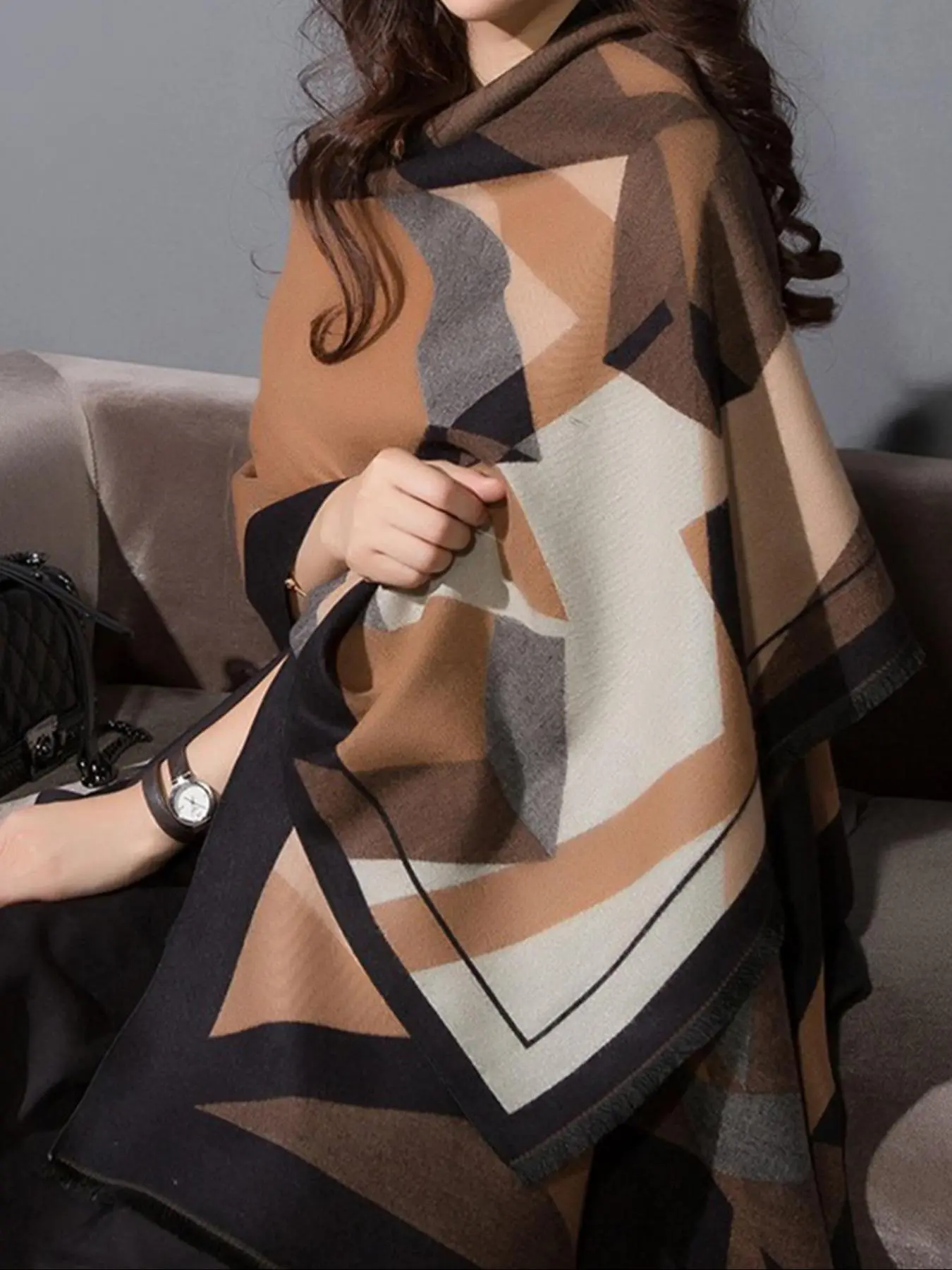 Women's Geometric Print Pashmina Shawl, Casual Soft Warm Slight Stretch Long Scarf for Fall & Winter, Fashion Accessories for Daily Wear