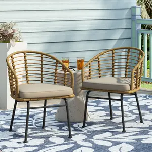 Set of 2 Modern Tub-Shaped Wicker Chairs 22.25*22.75*30 Inch Brown Beige PE Rattan Thin Angled Legs Water Resistant Cushion Minimalist Stable Structure Easy Assembly Indoor Outdoor Patio Garden Leisure Chairs