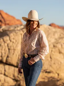 Women's Cowboygirl Blossom Pink Spurs Print Granddaddy Snap Shirt