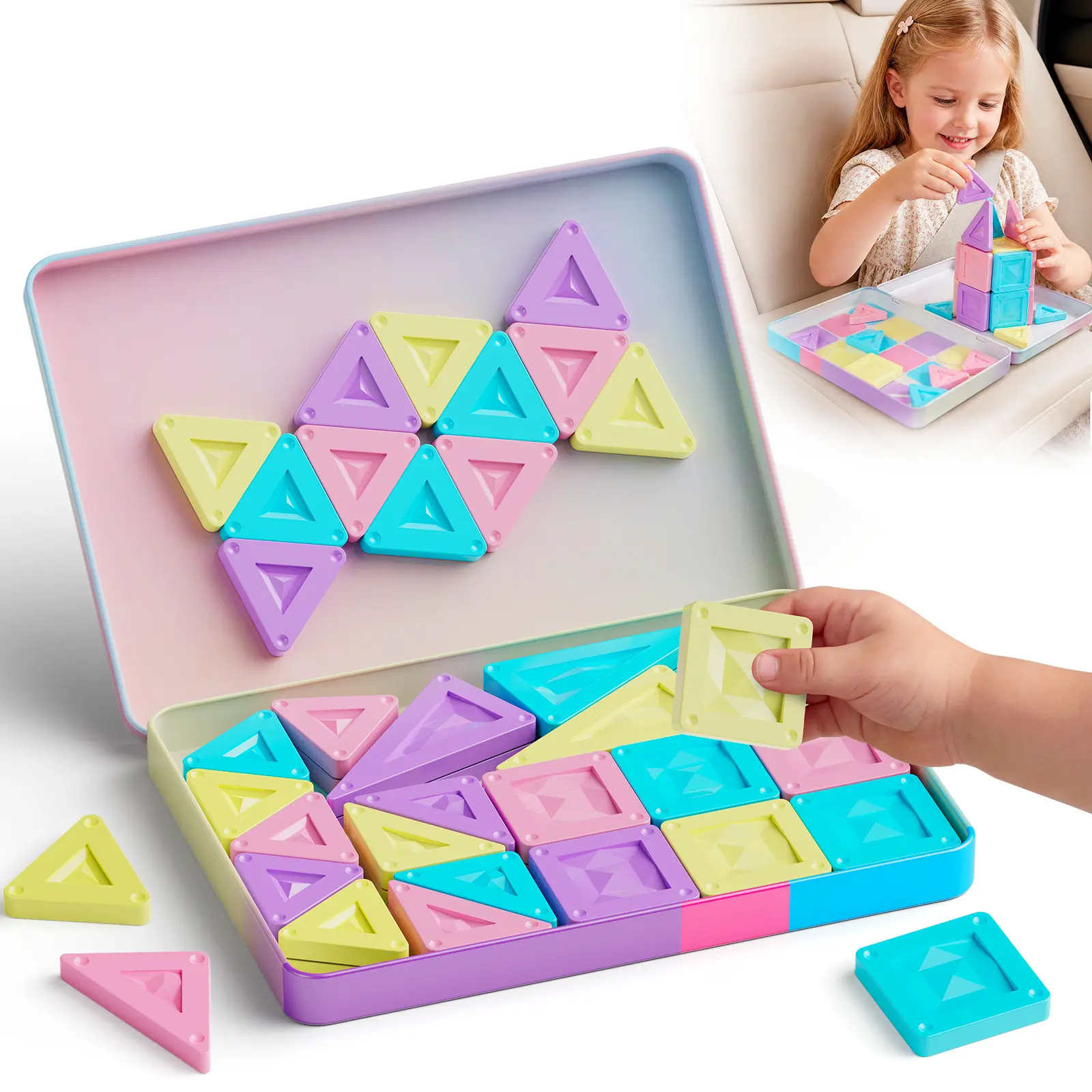 Spotence Travel Magnetic Tiles 40PCS Mini Magnetic Tiles Building Blocks Set, Portable Road Trip Activities & Outdoor Camping Toy for Kids, STEM Educational Toys for Toddlers Boys Girls Ages 3+