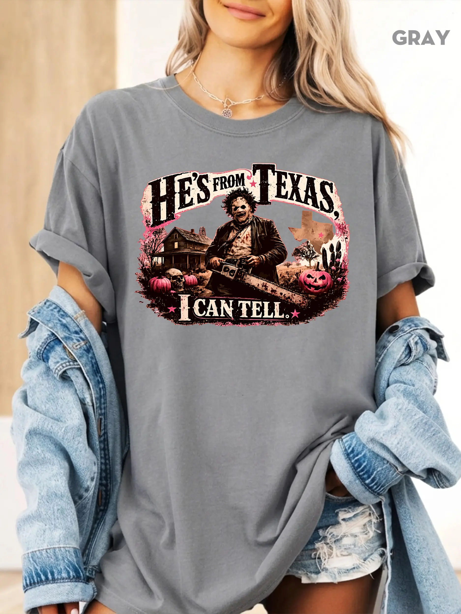 Comfort Colors Retro He's From Texas I Can Tell Horor Halloween Shirt, Vintage Spooky Western Chainsaw Texas Graphic Tee