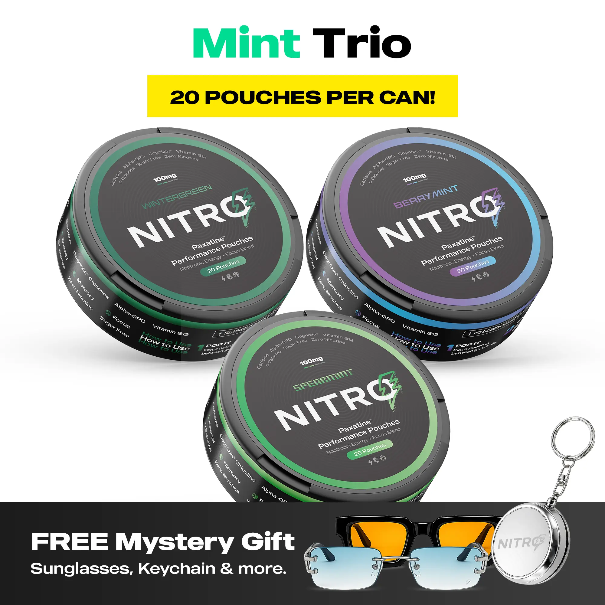 Nitro Nootropic Energy Pouches - Energy + Focus Pouches - 100mg Caffeine, Alpha GPC, Cognizin Citicoline, L-Theanine, Vitamin B12 - No Sugar, Nicotine-Free - 20 Pouches Per Can - 3 Pack - Spearmint – Berry Mint – Wintergreen