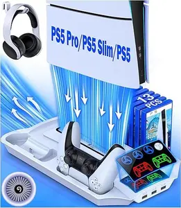 PS5 Stand for PS5 Pro/PS5 Slim/PS5, PS5 Cooling station and Controller Charging Station for Playstation 5 Accessories with 3 Levels Cooling Fan, 3 USB Hub, Headset Holder, 13 Game Slots, Media Slot