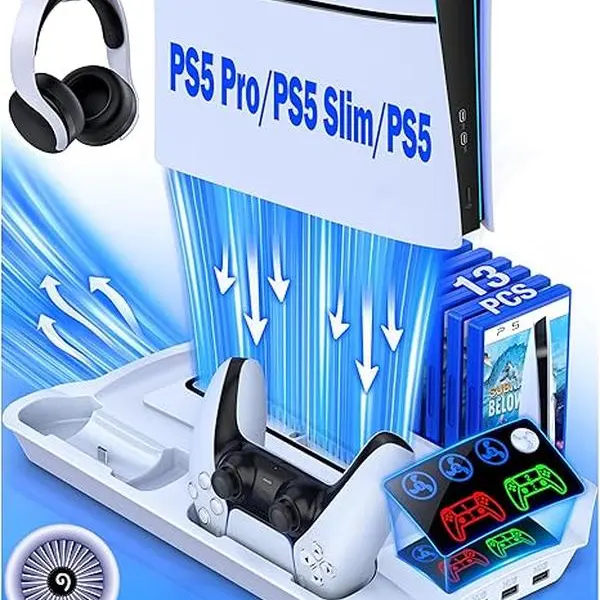 PS5 Stand for PS5 Pro/PS5 Slim/PS5, PS5 Cooling station and Controller Charging Station for Playstation 5 Accessories with 3 Levels Cooling Fan, 3 USB Hub, Headset Holder, 13 Game Slots, Media Slot, Headphones
