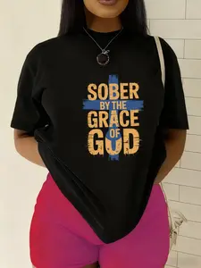 Men'S Christian Faith-Based "Sober by the Grace of God" Graphic T-Shirt - 100% 180GSM Heavyweight, Lightweight Breathable Black Tee with Cross Design, Casual Round Neck Short Sleeve for Church Events, Casual Attire & Sobriety Awareness Gifts