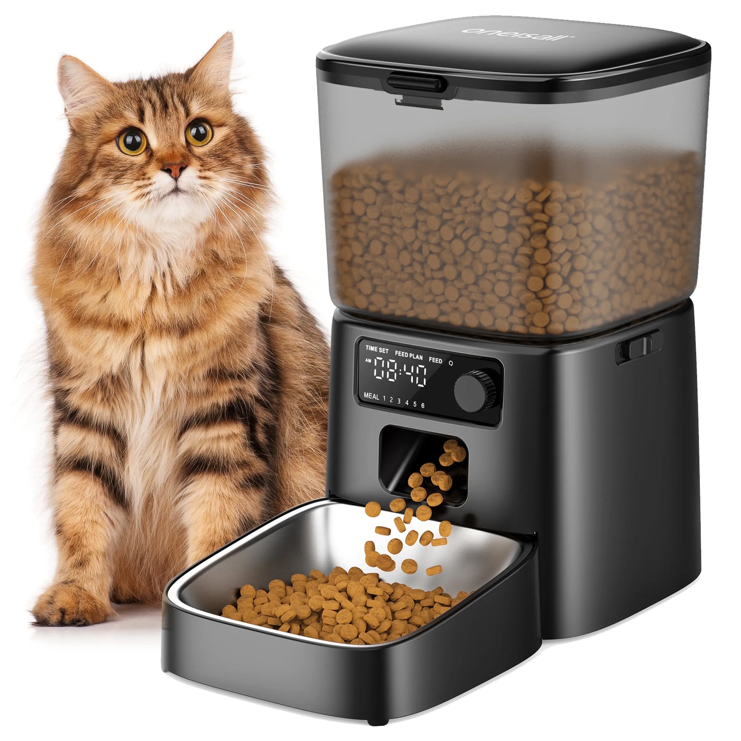 Oneisall FD-01 3.5L/12-Cup Automatic Cat Feeder, Dual-Power Timed Feeder with Stainless Steel Bowl, Up to 36 Portions & 6 Meals Per Day, Detachable Washable Design, Includes Desiccant Bag - Black