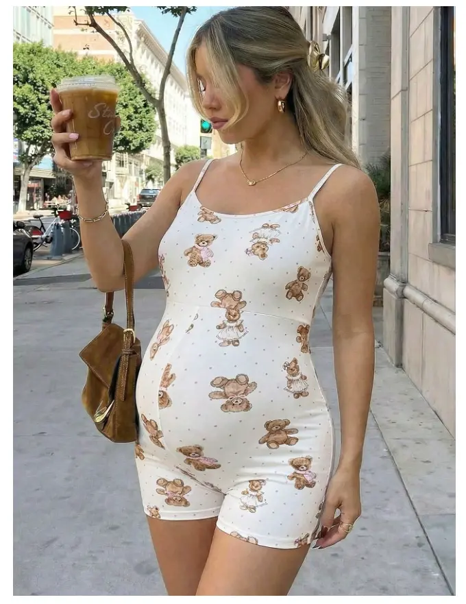 Maternity Summer Casual Polka Dot Bear Print Sleeveless Jumpsuit Cute Maternity Outfit Summer Outfits Beach Outfit Casual Outfit Holiday Outfits