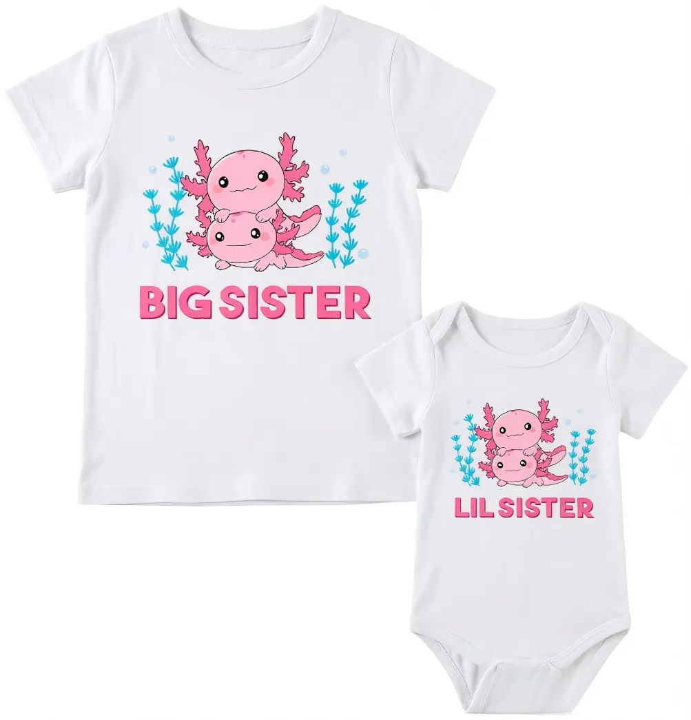 Sibling Matching Outfit Big Brother Little Sister T-Shirts with Axolotl Graphic Cute Summer Tee for Toddler Kids