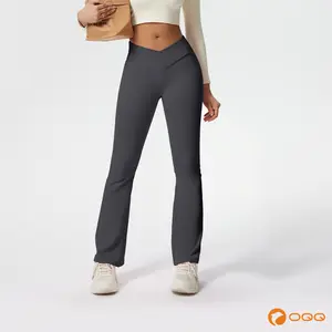 OQQ Women's  Flare Pants Ribbed Seamless Workout High Waist and Cross Over Bell Bottoms Basic Comfort Exercise Flare Leggings