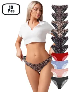 10-Piece Low Waist Leopard Print Women's Sexy Lingerie, Cherry Print Cute Lace Briefs, Comfortable Soft Bottom Band, Perfect for Daily Wear and Dates