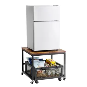 【Summervibes】VEVOR Mini Fridge Stand with Storage 198lbs Cart & Swivel Wheels Light Brown