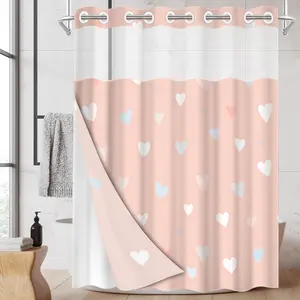 1pc hookless shower curtain with buckle lining, pink heart all-over design 2D flat printing, fabric waterproof lining, see-through double-layer shower curtain, 71 x 74 inches, modern home draping curtain, Bathroom Curtain