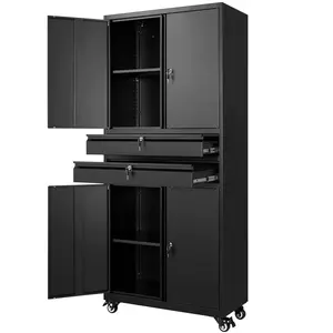 Letaya Metal Garage Storage Cabinet with Wheels - 0.8mm Steel Room Storage, 4 Lockable Wheels, 2 Adjustable Shelves, 2 Drawers, Heavy Duty Adjustable Cupboards, Metal Drawers Cupboards for Home Office