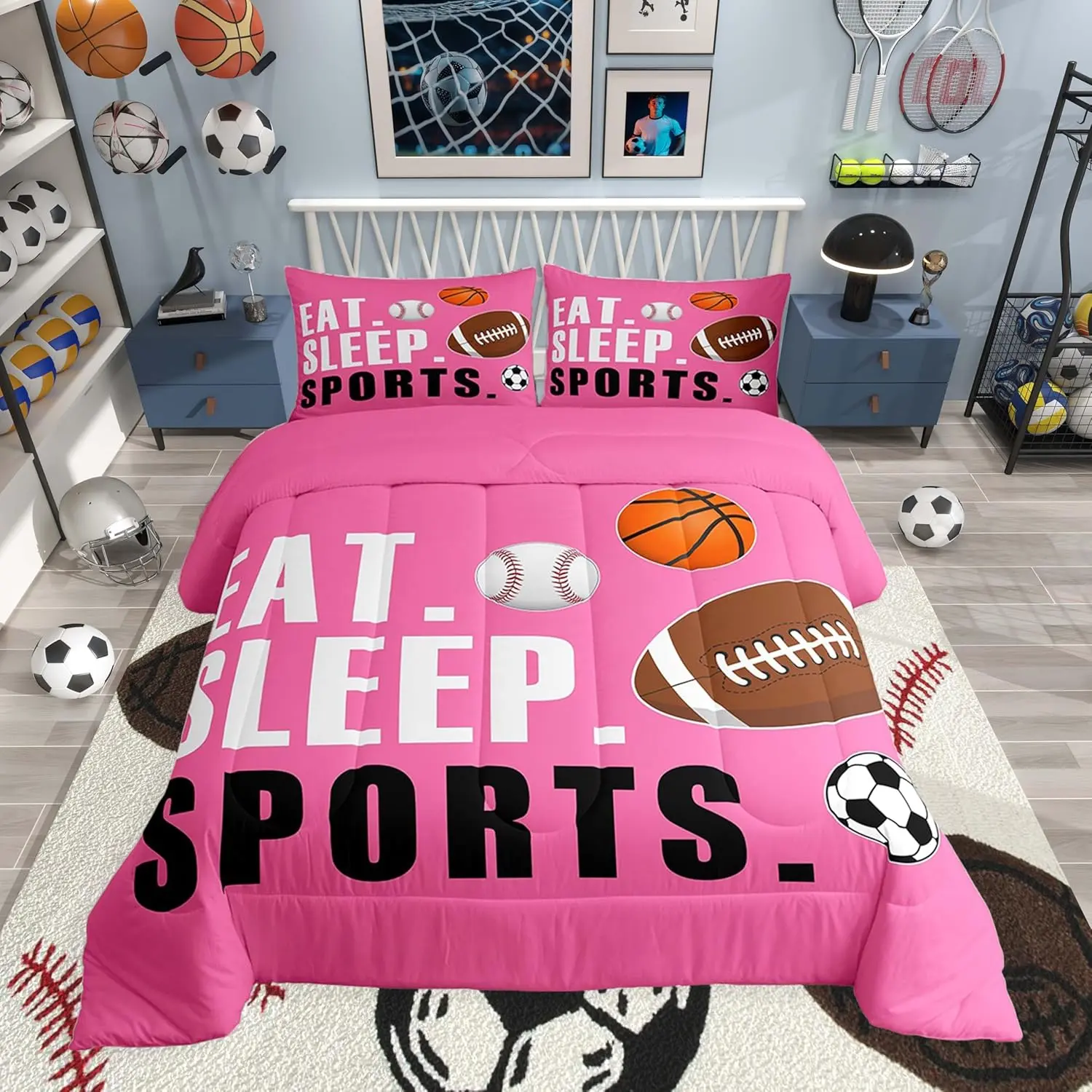 Football Comforter Set Hot Pink Sports Bedding Set for Sports Lover Gift Ultra Soft Soccer Basketball Baseball Quilt Breathable Lightweight Microfiber Ball Game Room Decor