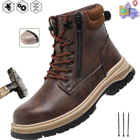 Men's Above-the-Ankle Steel Toe Work Boots - Minimalist Synthetic Knit Safety Shoes, Laced, Kevlar Midsole, Closed Mesh, Puncture-Proof, Water-Resistant, Non-Slip, Precision Grip, Antimicrobial for Roofing Workers