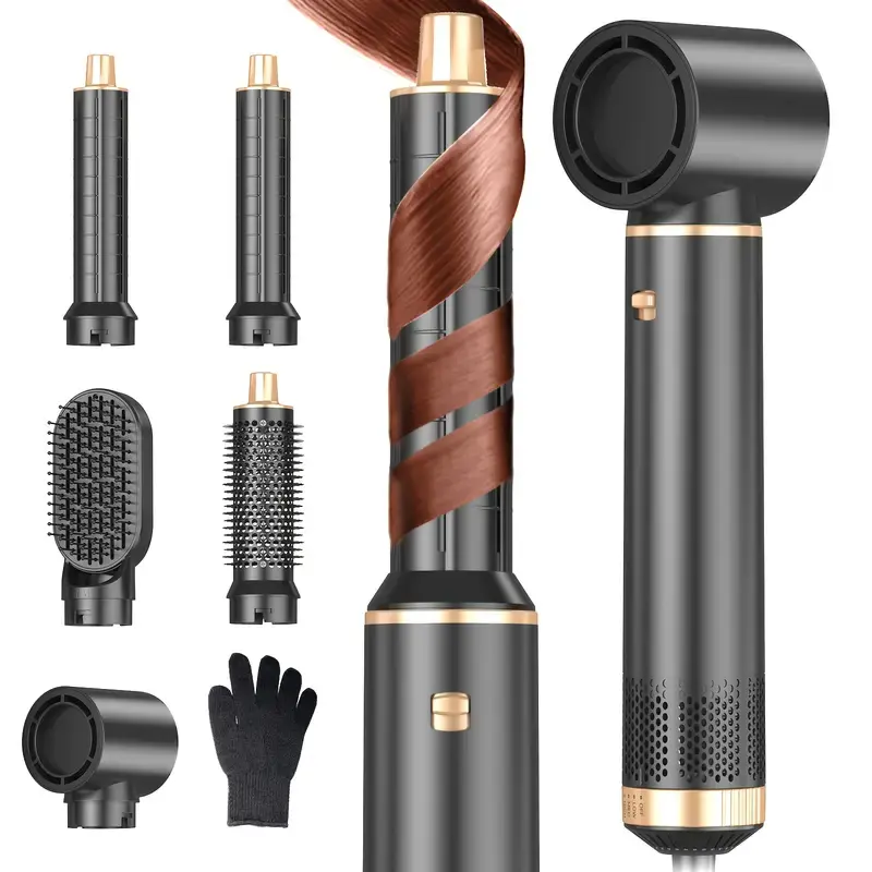 5-in-1 Plastic Air Styler Set with Brush - Plug-Powered, Negative Ion/Ionic Tech, Soft Airflow, Ultra-Lightweight, 0 Heat Damage Gentle Styling, Includes 1 Dryer, 2 Hot Air Tools, Curly Hair Diffuser (Black,Blue,White) - Holiday Gift