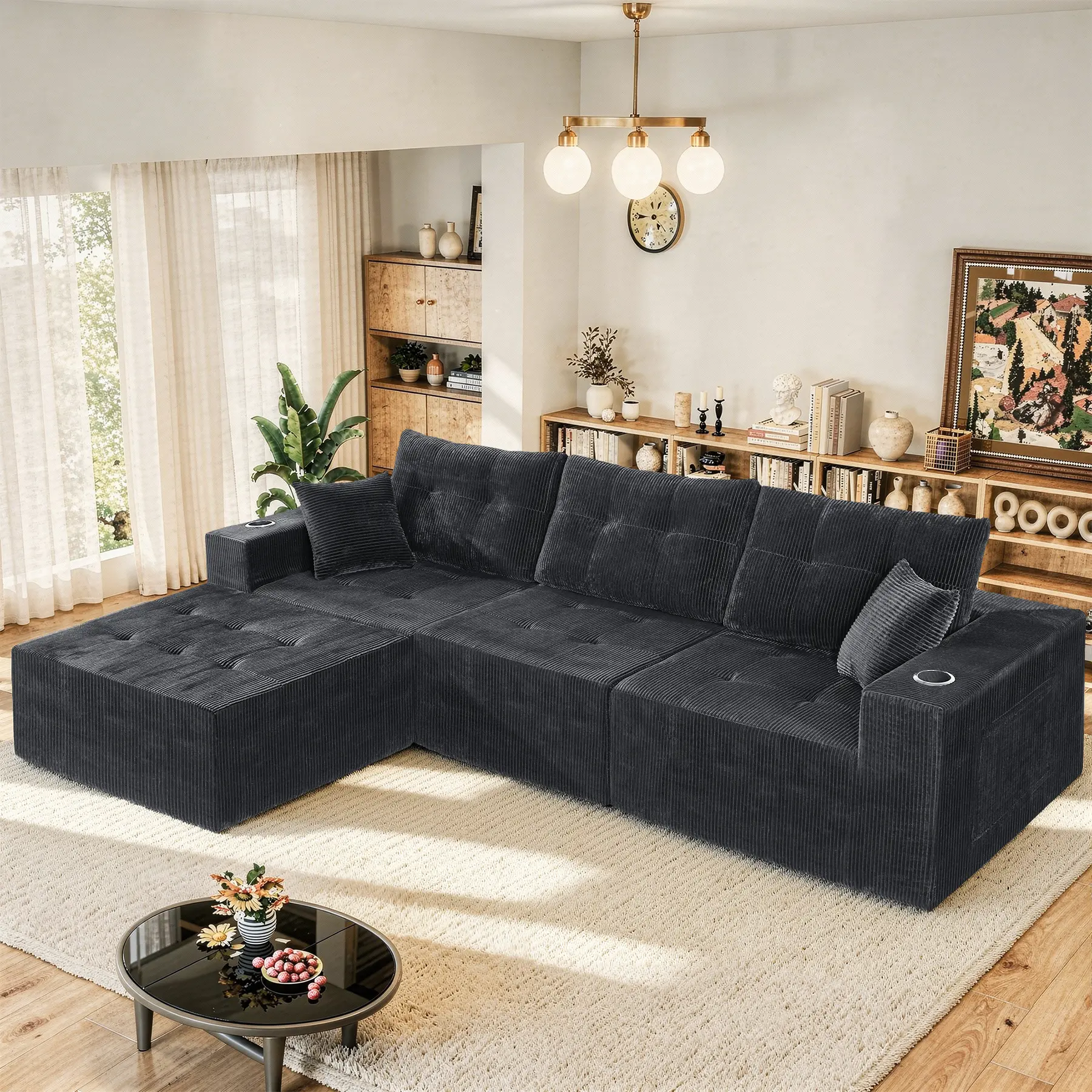 113" Modular Sectional Sofa for Living Room, Convertible L-Shape Couch with Ottoman, 4 Seater Modular Sectional Sofa