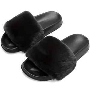Women's Fluffy Slippers For Indoor/Outdoor Wear, Casual Home/Daily Use, Fuzzy Black Color Women's Fluffy Slippers For Indoor/Outdoor Wear, Casual Home/Daily Use, Fuzzy Black Color