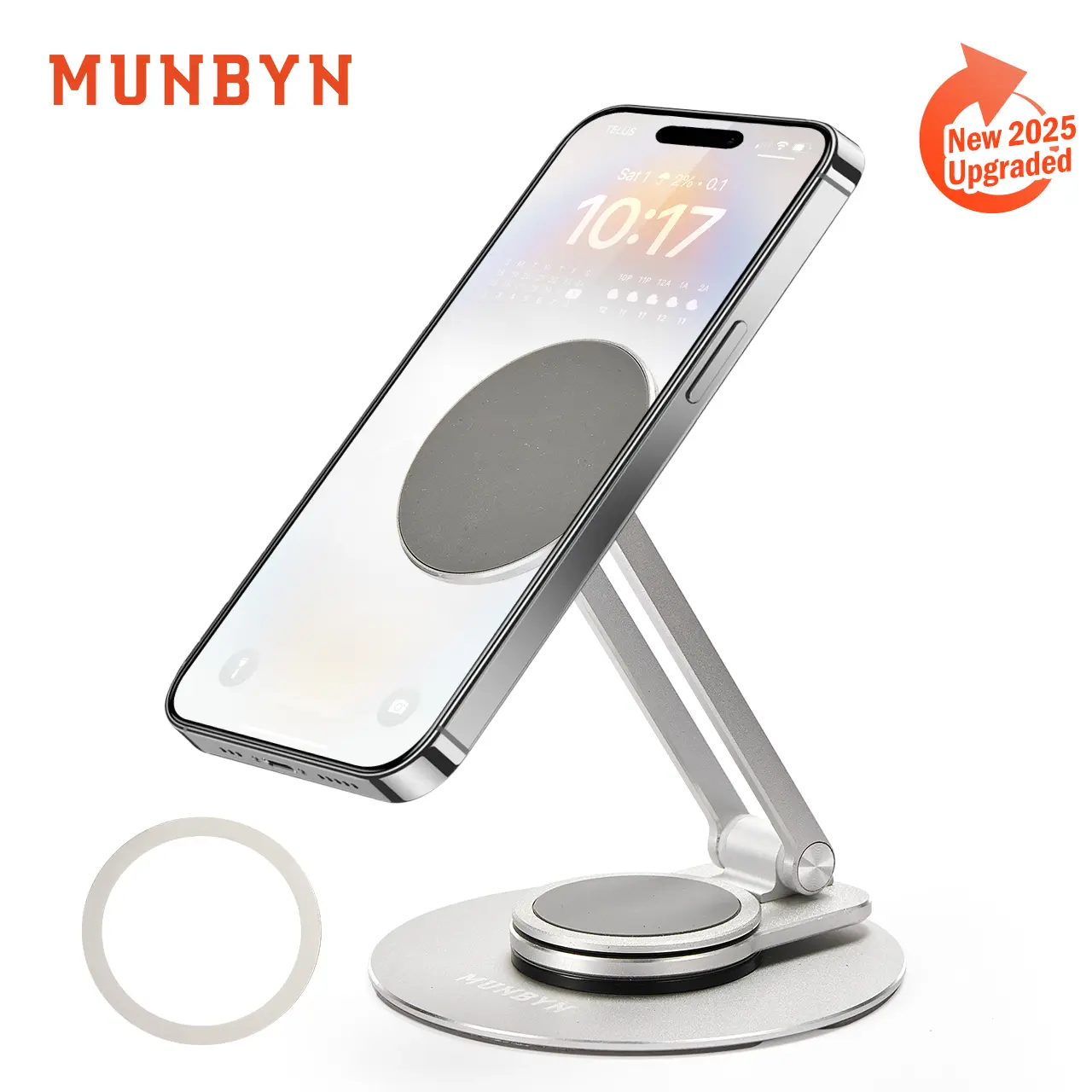 MUNBYN Magnetic Cellphone Holder - 360-Degree Rotating Nonslip Alloy Stand, Adjustable Foldable Aluminum Portable Compact Silicone Multifunctional Smartphone Holder for Home, Silver
