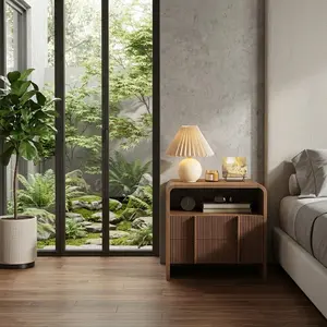 Modern Fluted Nightstand Rounded Curved Profile Wooden Bedside Table With Open Shelf 2 Smooth Glide Storage Drawers Solid Pine Handle E1 Engineered Wood Space Saving End Side Table Easy Assembly For Bedroom Living Room Home Decor