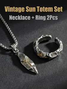 Vintage Wish Stone Sun Totem Necklace Ring Set, Antique Titanium Steel Viking Amulet, Men's Unique Luxury Jewelry, Couple Gift, Statement Ring Set