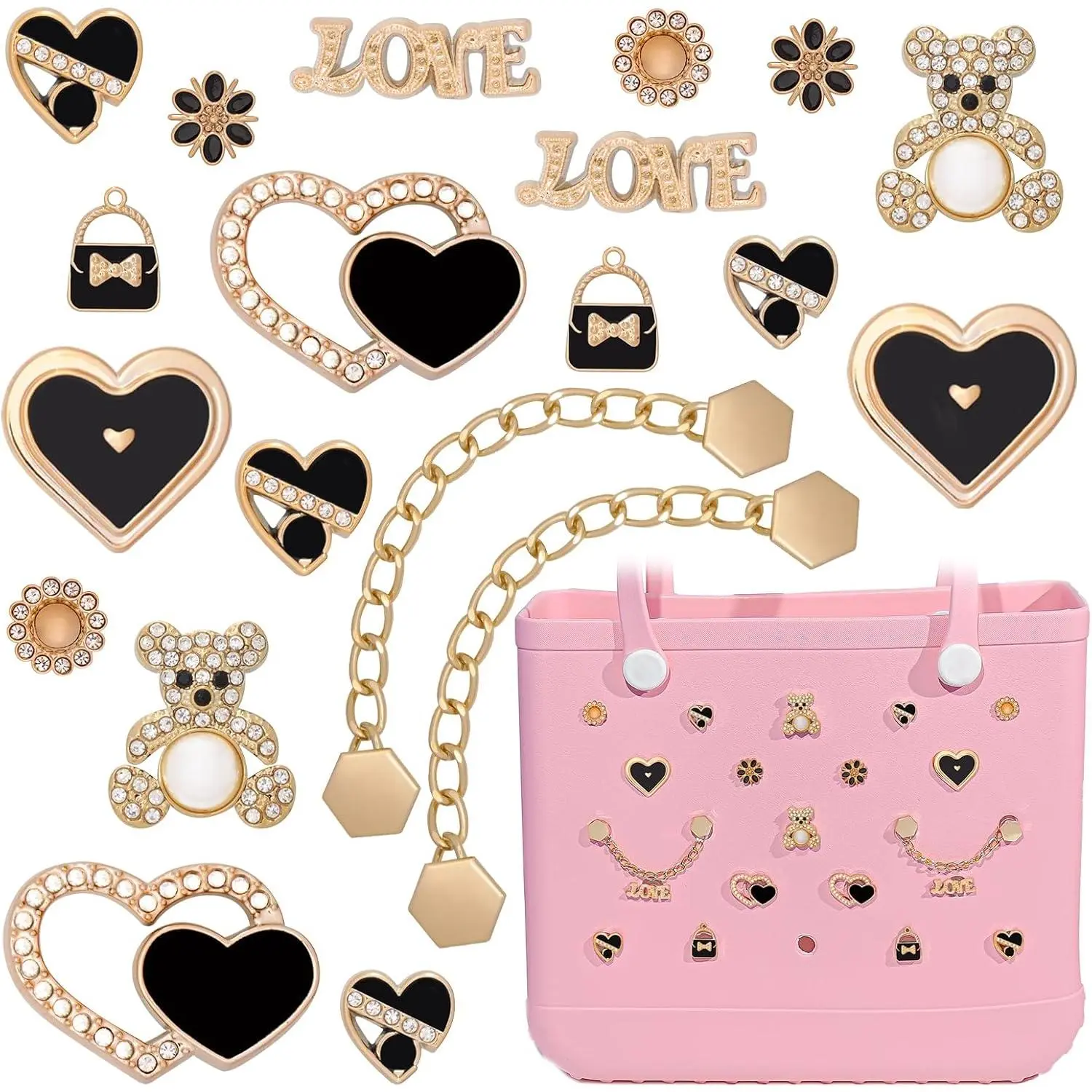 Charms for Bogg Bag, Butterfly Flowers Bear for Bogg Bag Accessories Charms, Black Heart Charm & Bling Chain Compatible with Simply Southern Beach Bags Tote, Insert for Rubber Beach Tote Handbag (20 Pcs)