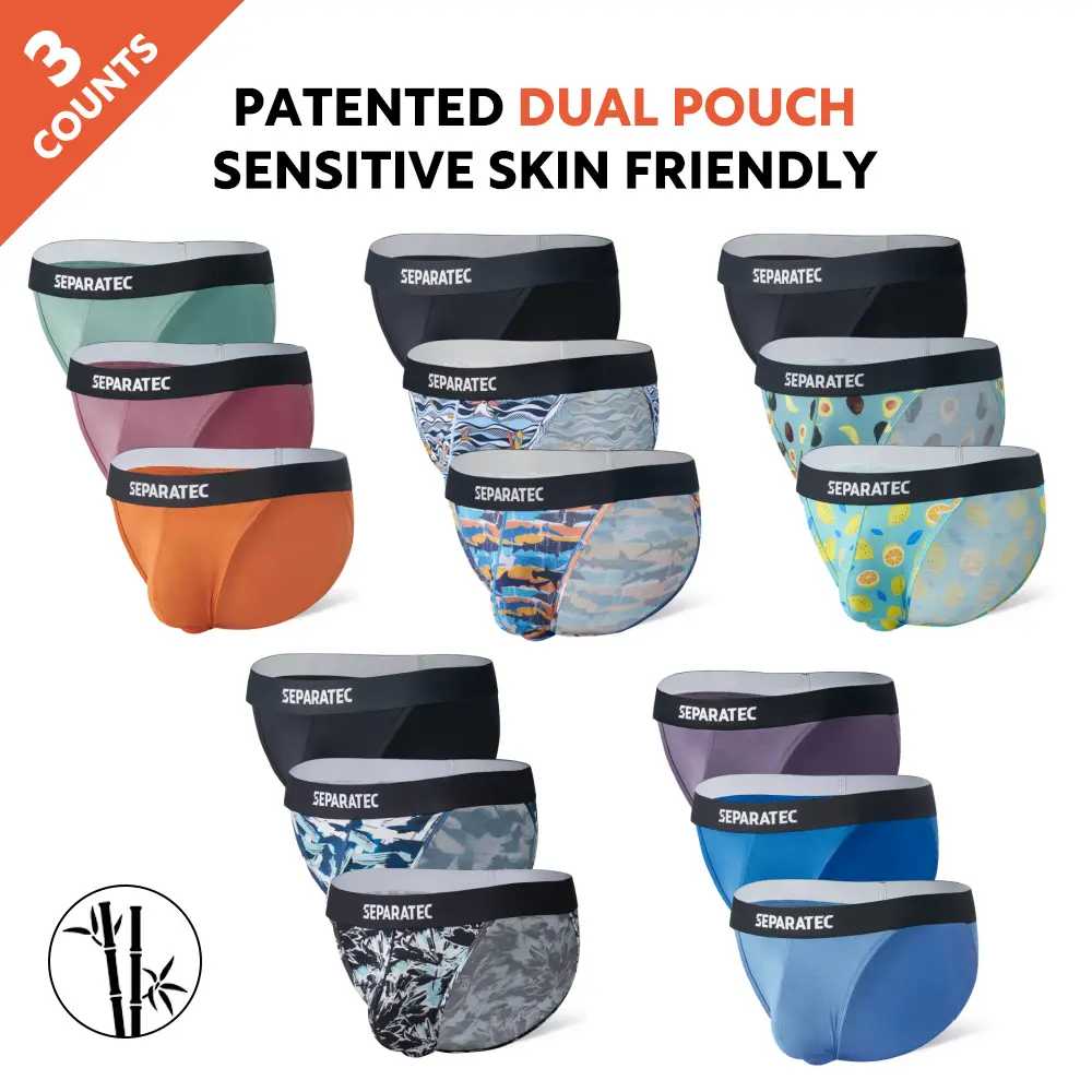 3 Counts, Men's Printed Bamboo Dual Pouch Bikini, Regular Fit Casual Comfy Breathable Sexy Bulge Enhancing Briefs for Daily Menswear, Men's Underwear