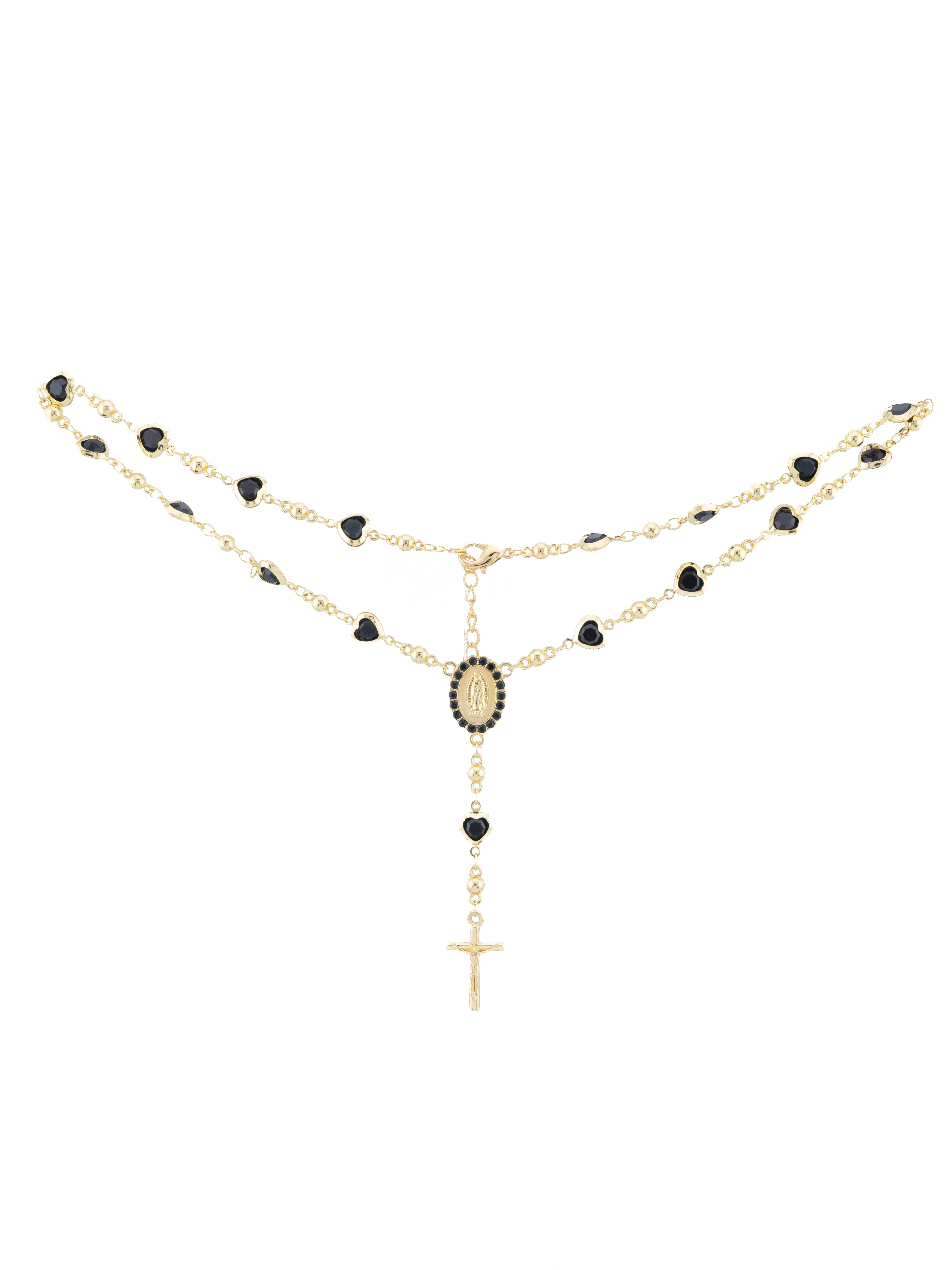 Exclusive 18-inch Virgin Mary rosary with black heart shapes and gold plated
