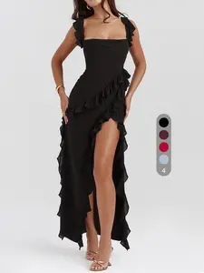 Women's Plain Feminine Ruffle Hem Split Thigh Dress, Elegant Slim Fit Sleeveless Long Dress for Party Club Dating Wear, Ladies Summer Clothes, Womenswear