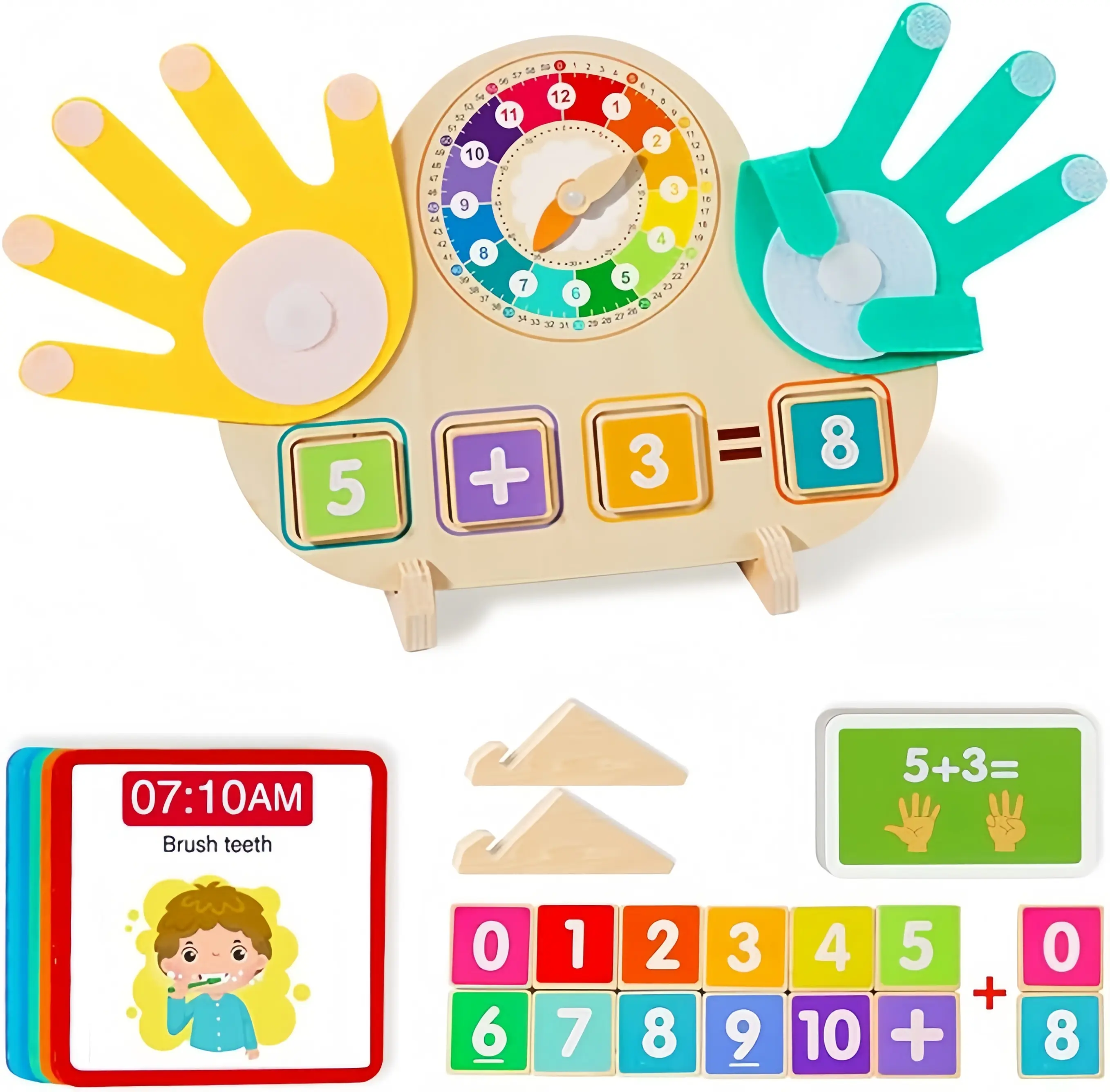 Summerwins 2-in-1 Vibrant Quality Wooden Hands-On Manipulatives - Number Counting Blocks, Interactive Time Teaching Clock, 23 Math Cards, Montessori Toys for 3-4 Years Toddlers, Master Math and Time Gift for Home Playroom/Classroom