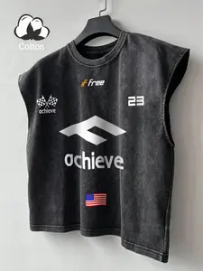 Men's youthful street style cotton cropped vest, wide-shouldered casual vest; distressed washed fabric, racing culture elements, casual and relaxed street style, suitable for everyday wear, leisure, fashion, and street style; holiday gift, boyfriend gift.