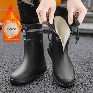 1 Pair Unisex Waterproof PVC Rain Boots – Fleece-Lined Non-Slip High-Shaft Ankle Booties with Slip-On Closure for Camping, Autumn/Winter, Army Cold-Weather Gear, Black