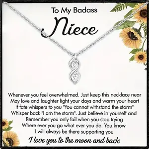 To My Badass Niece Interlocking Infinite Double Love Heart Necklace, Birthday Christmas with Text Card and Gift Box Packaging
