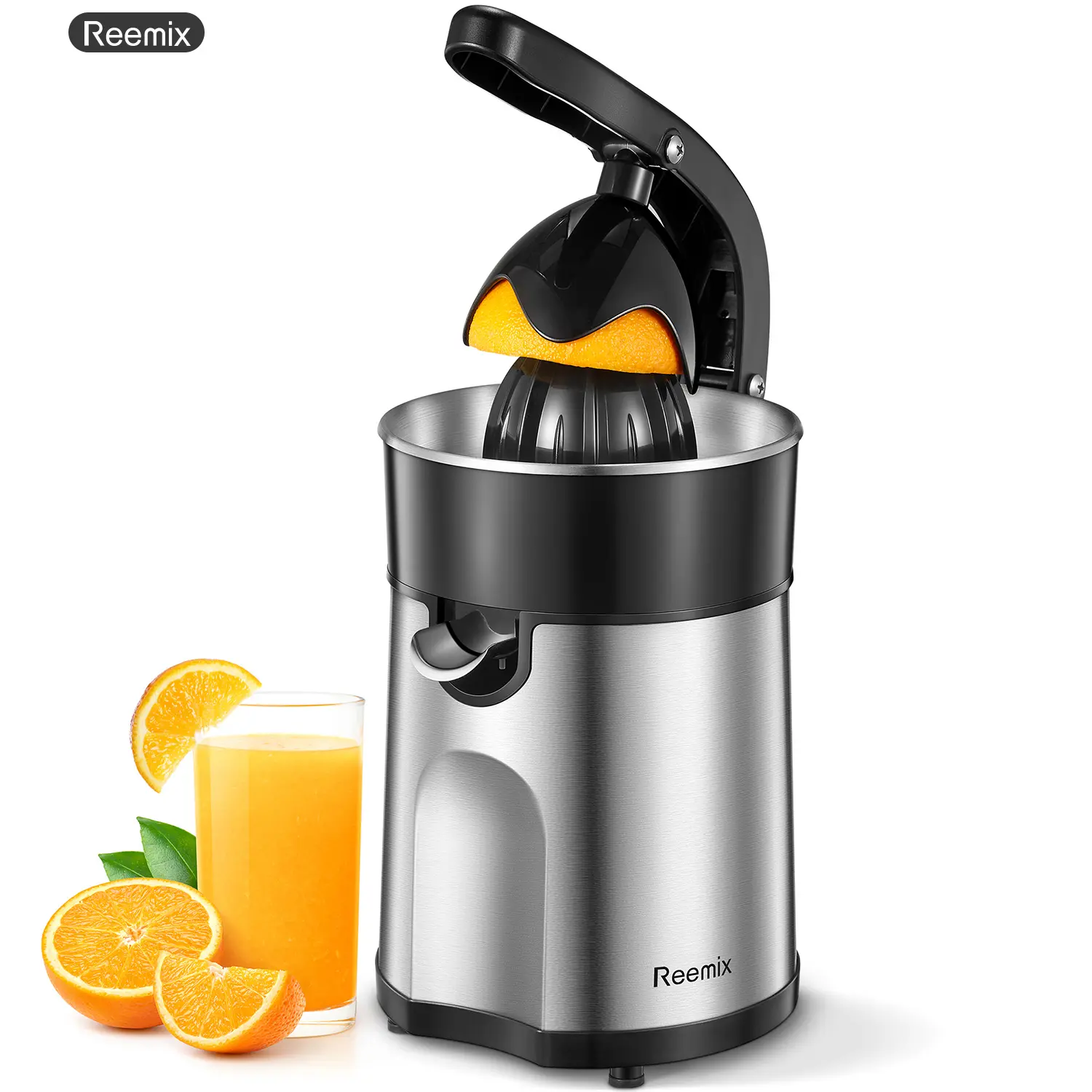 Reemix Electric Citrus Juicer Squeezer with Two Interchangeable Cones, Brushed Stainless Steel, Easy to Clean, Suitable for Orange, Lemon & Grapefruit