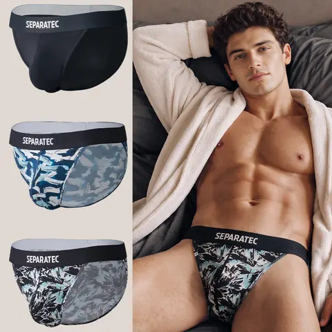 Separatec Men's Dual Pouch Bikini, Graphic Bamboo Briefs - 3 Pack, Regular Fit, Breathable, Soft, Anti Chafing, Underwear with Fly Design, All-Season Menswear, MultiColor for Beach/Vacation/Work