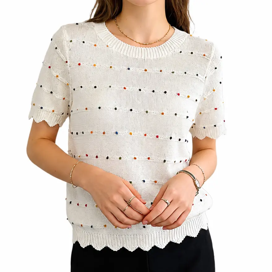Chouyatou Women's Basic White Short-Sleeve Blouse, Comfortable Casual Style with Colorful Speckled Lace Round Neckline (Pair with Jeans, Skirts, Shorts), Shortsleeve, Everyday, Cute Tops For Women, Lady, Blouse Shirt, Sweet, Blouses For Women, Jeans Or Sk