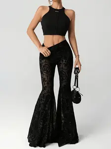 Velvet Mesh Flare Pants Bottom for Women, High Waist Slimming Fitted Summer Thin Style Breathable, Designed Unisex Mesh Long Pants