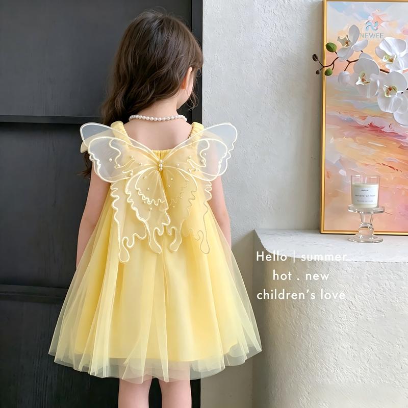 1-12Y Girls' Yellow Cotton Fitted Plain Mini Party Dress - Crew Neck, Sleeveless, 3D Butterfly Back Tulle Gown, Smocked Strap Ruffles, Tiered Mesh Sparkle Floral Sheer Formal Dress