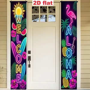 2 Pieces 2D Flat Tropical Neon Couplets, Watermelon Surfboard Pineapple Elements, Summer Party Entrance Porch Decor