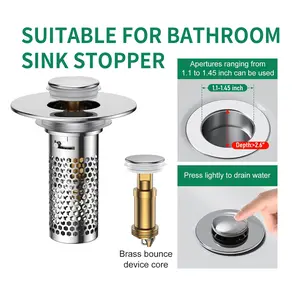 Removable Filter Basket & Hair Catcher Drain Stopper for Easy Cleaning, Stainless Steel Modern Anti-Odor Sink and Bathtub Pop-Up Plug with Bouncing Brass Core, Universal Home Goods