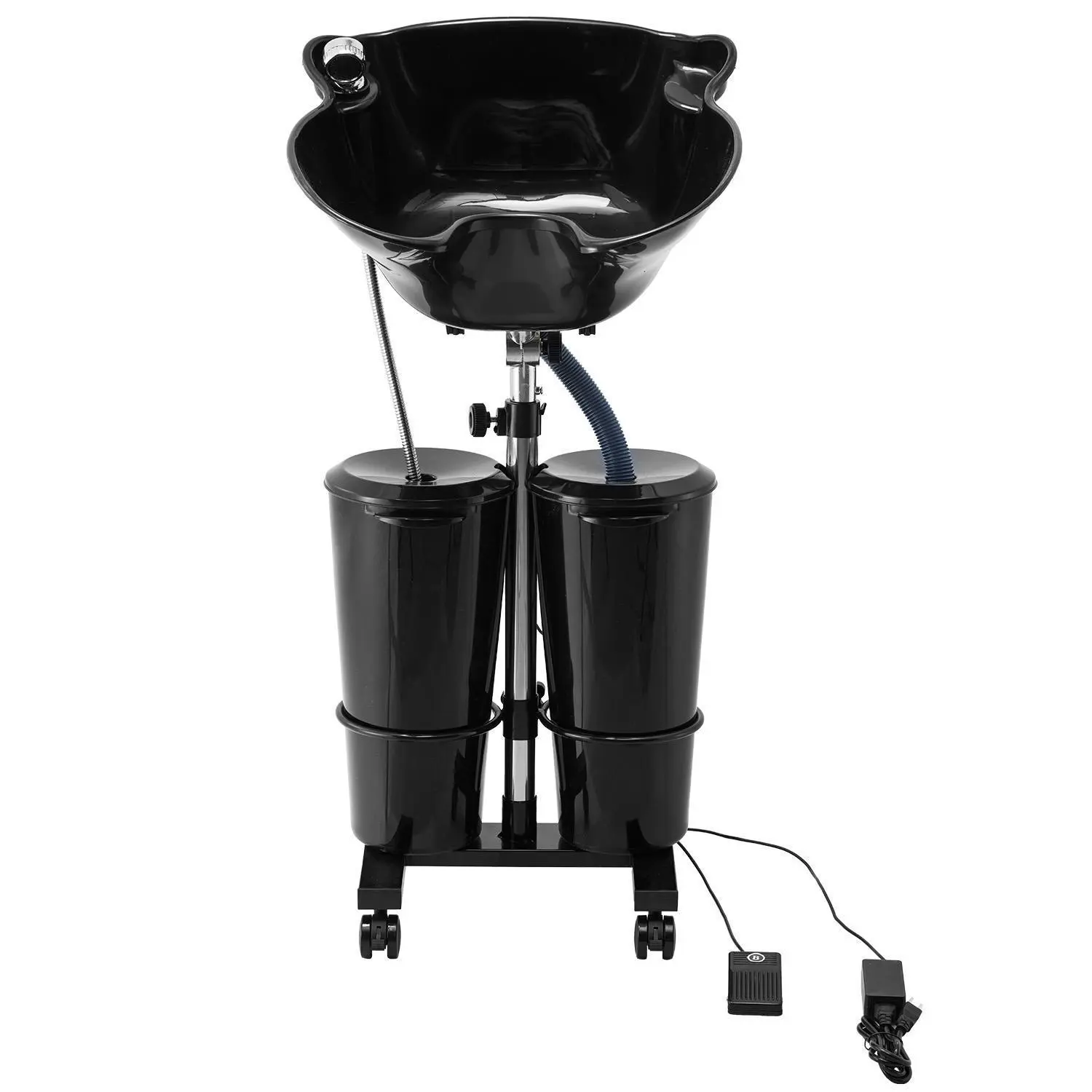 【SummerFinds】VEVOR Plastic Portable Shampoo Bowl (103-140 cm/40.55-55.12 in, 6.8 kg) - Space-Saving Salon Equipment with Electric Pump, 2 Buckets, 2 Showerheads, Drain Hose, Star-Shaped Base with Wheel, Height & Angle Adjustable for Home Use, Black