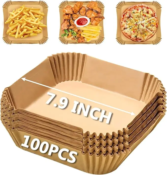 Air Fryer Disposable Paper Liner, 100 Pieces Air Fryer Parchment Square Liner, Non-Stick, Grease Resistant Baking Paper for Air Fryer Basket Baking, G