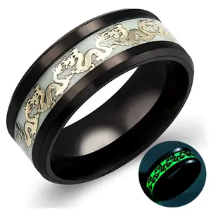 Glow in Dark Dragon Black Steel Wedding Band Ring Men Women Ginger Lyne Collection